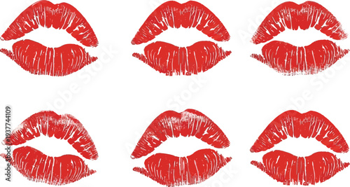 Red Lipstick Kiss Marks Set, Isolated Lip Prints on White Background, Romantic Makeup