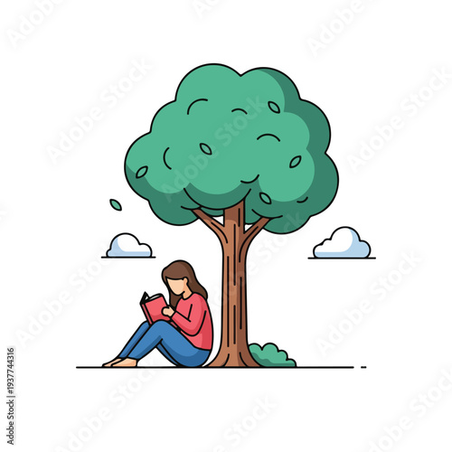 Woman sitting under a tree reading a book outdoors in nature