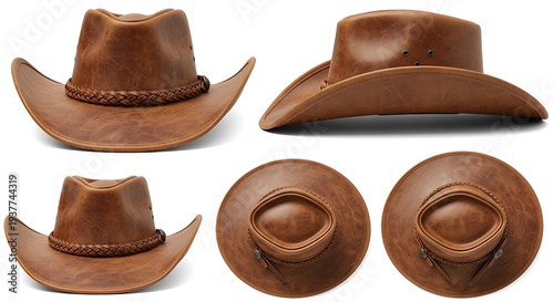 A collection of brown leather cowboy hats displayed from various angles on a clean background