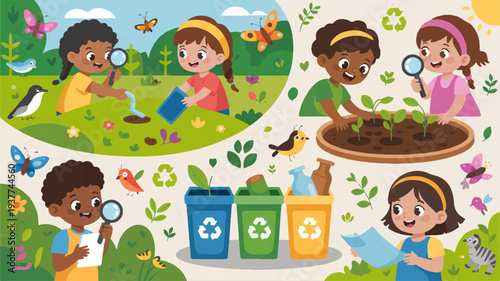 Children engaging in eco friendly activities in a vibrant garden with recycling bins and magnifying glasses