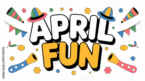 Vibrant april fun illustration with party hats confetti and colorful decorations on white background