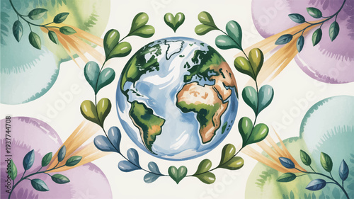 Watercolor illustration of earth surrounded by hearts and leaves symbolizing love care and environmental conservation with soft pastel colors