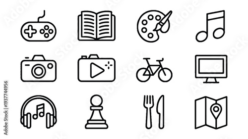Collection of various line icons for hobbies and leisure activities