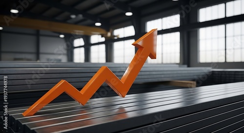 Orange upward trend arrow on metal beams in industrial warehouse