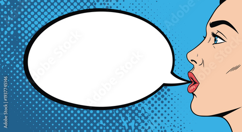 Pop art style illustration of a woman face in profile with a blank speech bubble, set against a blue halftone background for text placement art.