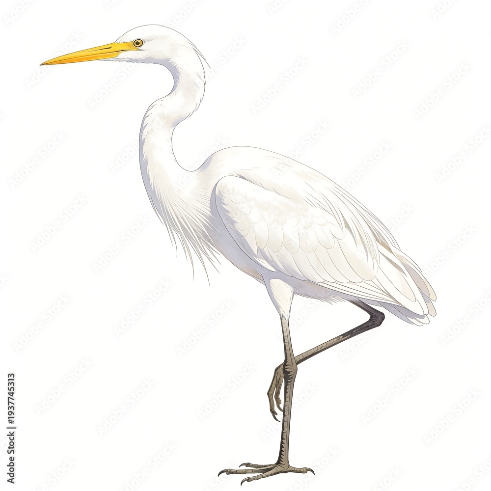 Obraz premium Great white egret vector illustration isolated on white background, elegant heron standing on one leg, bird wildlife nature design element