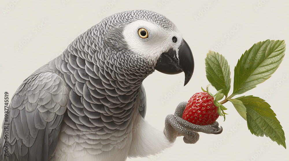 Obraz premium Parrot's Delight: A close-up shot of a majestic parrot holding a vibrant, ripe strawberry and green leaves. It is a symbol of joy and appreciation of nature's simple gifts.