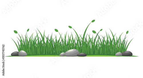Lush green grass patch with several smooth grey river stones and tall thin blades, creating a peaceful garden or nature-themed border element art.