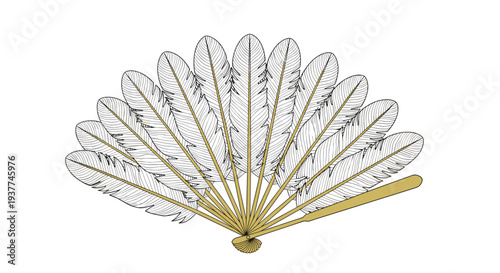 Elegant hand fan made of numerous long white feathers with brown quills and a golden handle, suggesting luxury, vintage fashion, or stage props art.