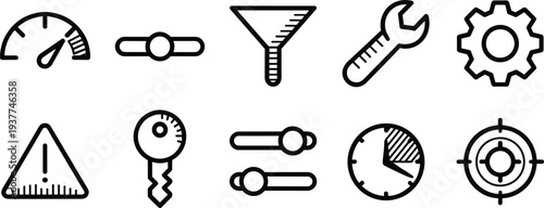 Settings icon collection illustration, speedometer gauge, slider control, funnel filter, wrench tool, gear configuration, warning triangle, key access, modern design
