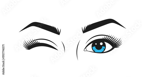 Detailed illustration of female eyes with blue irises and long eyelashes performing a playful wink on a white background.