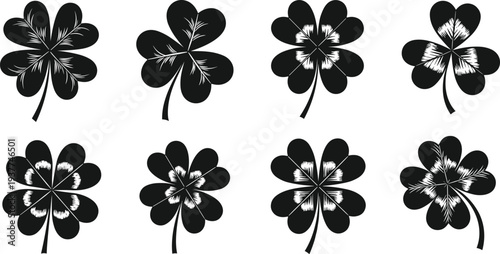 Black clover and shamrock silhouette collection with four-leaf and three-leaf varieties, luck symbols and Irish foliage vector illustrations for Saint Patricks Day designs.