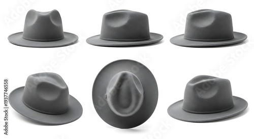 Collection of grey hats displayed from various angles on a white background