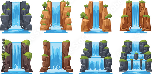Blue tropical waterfall landscape set with rocky cliffs and lush green vegetation, cascading fresh water vector illustrations for travel, nature, and environmental conservation designs.