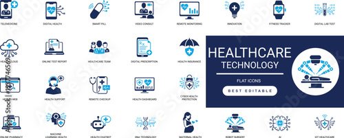 healthcare technology solid icon set. medical, digital, health, doctor, patient, hospital, innovation, smart health, care. editable vector illustration collection set.