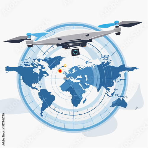 isometric vector illustration of drone launch platform with control antenna and communication signals, modern technology infographic style