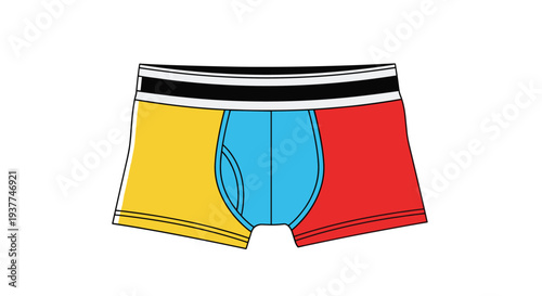 Pair of mens cotton boxer briefs featuring a modern color block design in bright yellow, sky blue, and vibrant red.