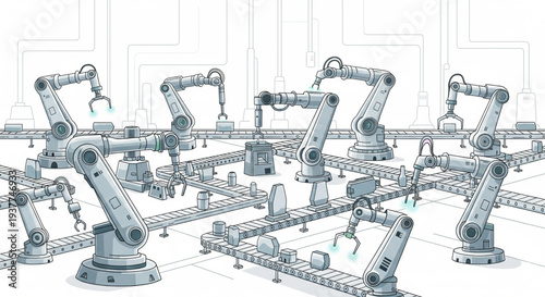 Industrial robotic arms assembly line in a factory setting viewed from above with mechanical components