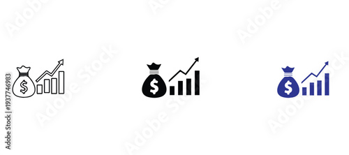 Money Growth and Financial Profit Increase Line Icons Set, Business Revenue Growth Symbol, Investment Success, Money Bag Chart, Economic Progress Minimal Outline Vector Icons