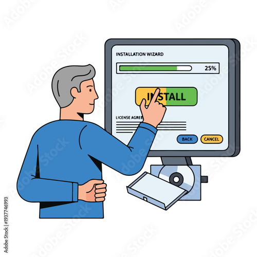 Man installing software on computer with installation wizard on screen