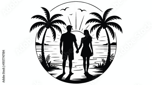Couple holding hands on beach with palm trees at sunset