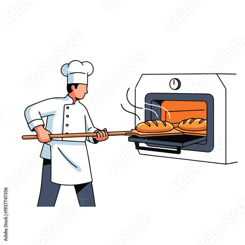 Chef taking bread out of industrial oven with wooden peel