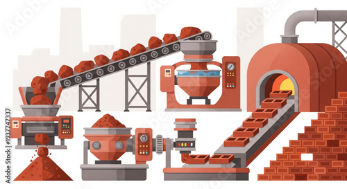 Industrial brick manufacturing process illustration showing machinery, conveyor, furnace, production, and bricks in a factory setting