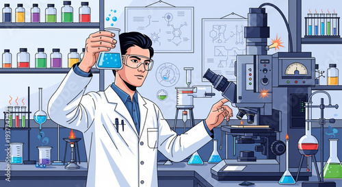 Scientist conducting experiment in laboratory setting, examining samples and equipment, viewed from the side.