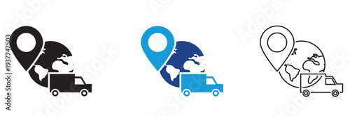 Logistic icon. Minimal vector icons showing global logistics with delivery truck, globe and location pin. Concept of worldwide shipping, transport tracking and distribution services.