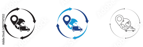 Logistic icon. Minimal vector icons showing global logistics with delivery truck, globe and location pin. Concept of worldwide shipping, transport tracking and distribution services.