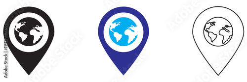 Logistic icon. Minimal vector icons showing global logistics with delivery truck, globe and location pin. Concept of worldwide shipping, transport tracking and distribution services.