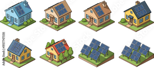 Isometric house set with solar panels on roofs and solar power farm for renewable energy sustainability and green building concepts