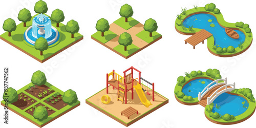 Isometric city park elements set with fountain playground pond bridge vegetable garden and trees for urban landscape and map design.