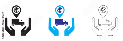 Logistic icon. Minimal vector icons showing global logistics with delivery truck, globe and location pin. Concept of worldwide shipping, transport tracking and distribution services.