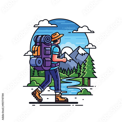 Hiker walking on trail with backpack and trekking poles in scenic mountain landscape