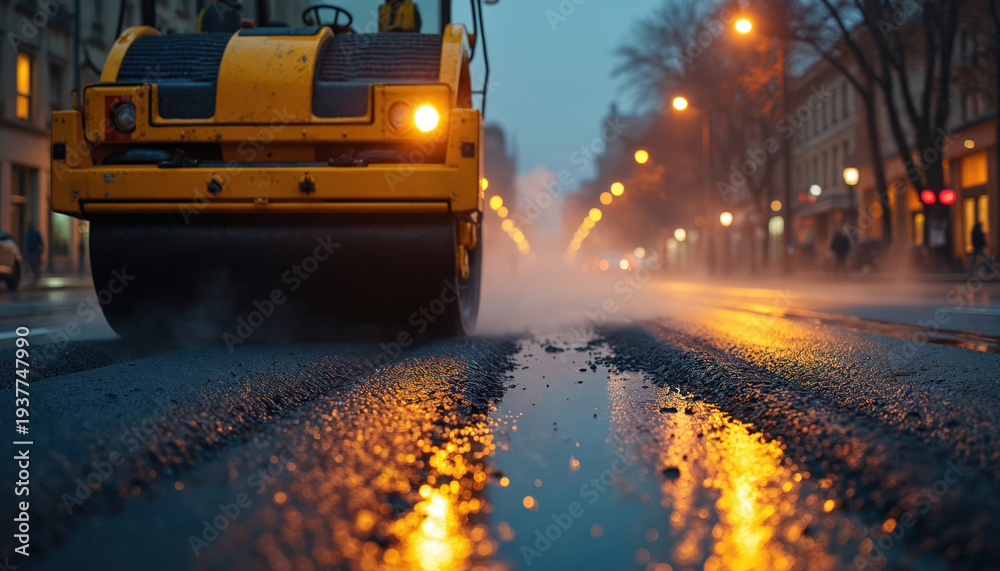 Obraz premium Yellow steamroller smooths wet asphalt street at dusk. City roadwork continues in evening light. Urban infrastructure project progresses as steam rises from hot surface.