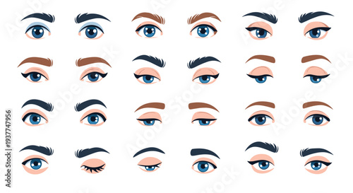 Comprehensive set of diverse human eye illustrations showing various expressions, iris colors, and lash styles for design.