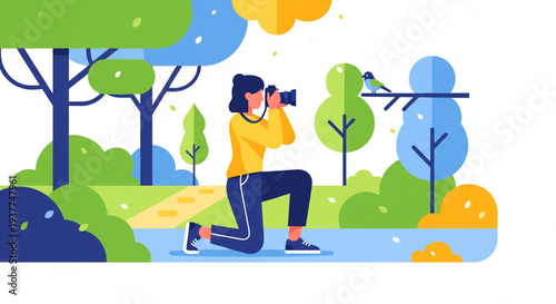 Photographer capturing serene outdoor scene with people, trees, camera, and nature from a unique viewpoint