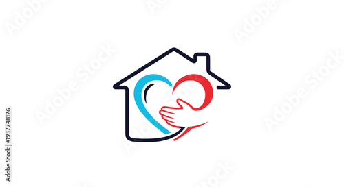 House icon silhouette containing a heart and a supporting hand representing home health care, community, and support.