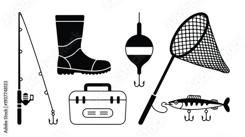 Fishing gear and equipment icons including rod boot float net tackle box and fish