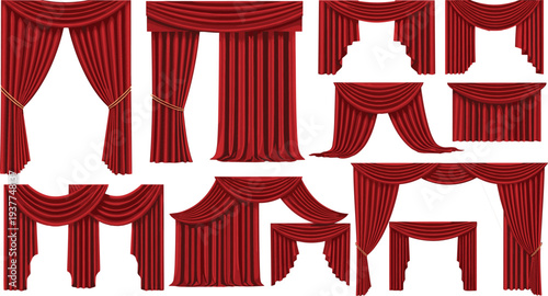 Red theater curtain collection with elegant velvet drapes, luxury stage backdrops, grand opening drapery, and decorative cinema valance vector illustrations for performance.