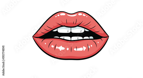 Pair of attractive pink lips slightly open to reveal white teeth in a glamorous pop art or makeup illustration style.