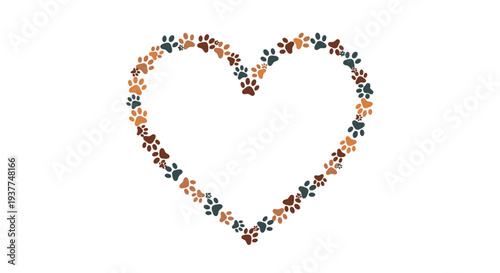 Heart shape formed by many small animal paw prints in different shades of brown and gray for pet lover theme designs.