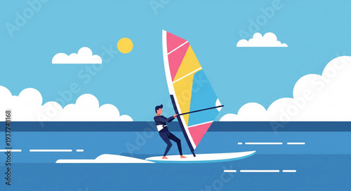 Windsurfer gliding across ocean waves with colorful sail in a serene seascape viewed from a distance