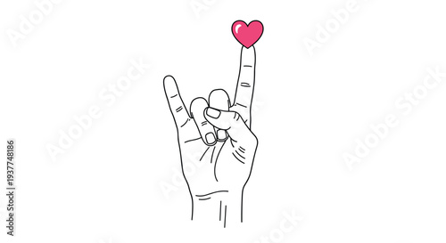 Hand drawing showing the rock and roll gesture with index and pinky fingers raised and a small pink heart above the tip.