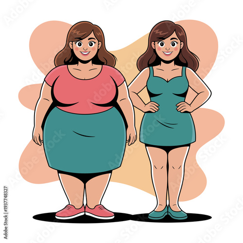 A cartoon illustration of a woman before and after weight loss