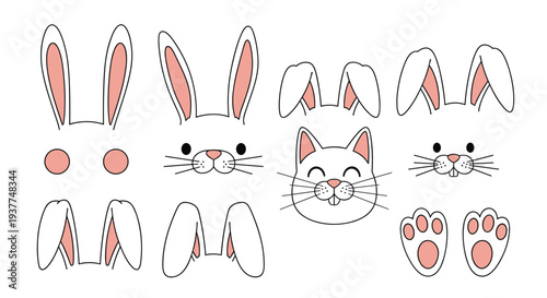 Collection of cute cartoon animal face elements including rabbit ears and cat whiskers for party photo booth props.