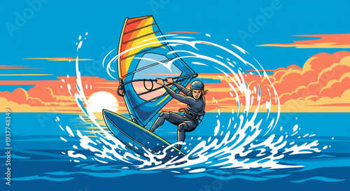 Windsurfer rides wave with colorful sail on ocean surface illustration