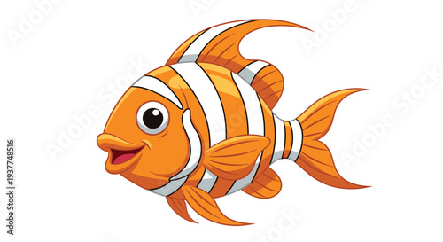 Bright orange clownfish with distinctive white stripes swimming happily in a cartoon style with big expressive eyes.