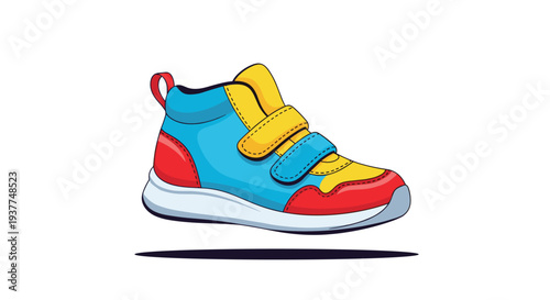 Vibrant multi-colored child high top sneaker in blue red and yellow with velcro closures for a fun and playful look.